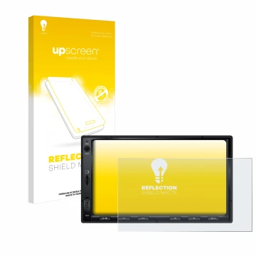 Parte frontal de un envase de producto con el logotipo de la marca upscreen. Al lado se muestra el dispositivo Atoto F7 WE con