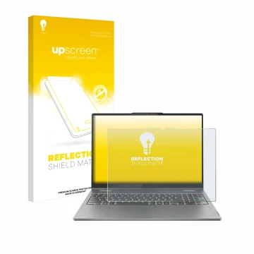 Parte frontal de un envase de producto con el logotipo de la marca upscreen. Al lado se muestra el dispositivo Lenovo IdeaPad 