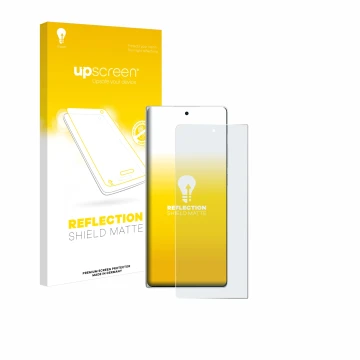 Parte frontal de un envase de producto con el logotipo de la marca upscreen. Al lado se muestra el dispositivo Vivo X Fold3 co