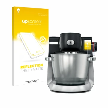 Parte frontal de un envase de producto con el logotipo de la marca upscreen. Al lado se muestra el dispositivo Bosch MUM Serie