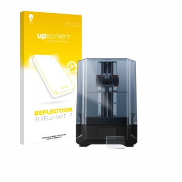 Parte frontal de un envase de producto con el logotipo de la marca upscreen. Al lado se muestra el dispositivo Anycubic Photon