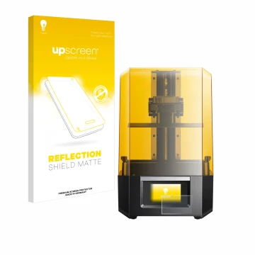 Parte frontal de un envase de producto con el logotipo de la marca upscreen. Al lado se muestra el dispositivo Anycubic Photon