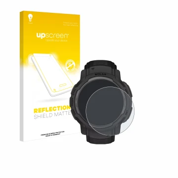Parte frontal de un envase de producto con el logotipo de la marca upscreen. Al lado se muestra el dispositivo Garmin Instinct