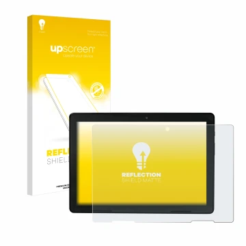 Parte frontal de un envase de producto con el logotipo de la marca upscreen. Al lado se muestra el dispositivo MEDION E10900 1