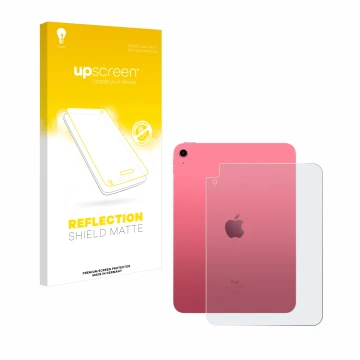 Parte frontal de un envase de producto con el logotipo de la marca upscreen. Al lado se muestra el dispositivo Apple iPad 10.9