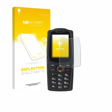 Parte frontal de un envase de producto con el logotipo de la marca upscreen. Al lado se muestra el dispositivo AGM M6 con su p