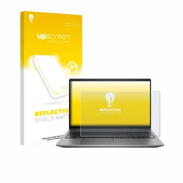 Parte frontal de un envase de producto con el logotipo de la marca upscreen. Al lado se muestra el dispositivo HP Zbook Power 