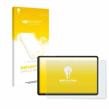 Parte frontal de un envase de producto con el logotipo de la marca upscreen. Al lado se muestra el dispositivo TCL NxtPaper 14