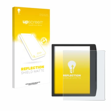 Parte frontal de un envase de producto con el logotipo de la marca upscreen. Al lado se muestra el dispositivo PocketBook Era 