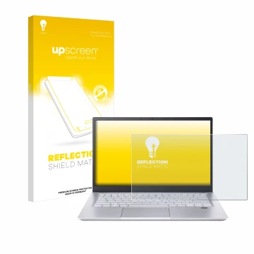 Parte frontal de un envase de producto con el logotipo de la marca upscreen. Al lado se muestra el dispositivo Acer Swift X 14