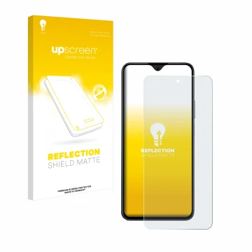 Parte frontal de un envase de producto con el logotipo de la marca upscreen. Al lado se muestra el dispositivo Honor 90 Smart 