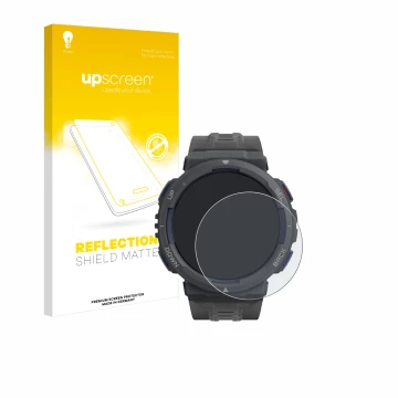 Parte frontal de un envase de producto con el logotipo de la marca upscreen. Al lado se muestra el dispositivo Amazfit Active 