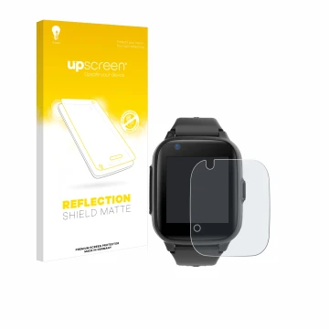 Parte frontal de un envase de producto con el logotipo de la marca upscreen. Al lado se muestra el dispositivo Leotec Kids All