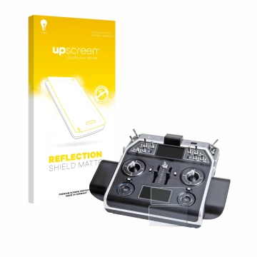 Parte frontal de un envase de producto con el logotipo de la marca upscreen. Al lado se muestra el dispositivo Graupner MC-28 