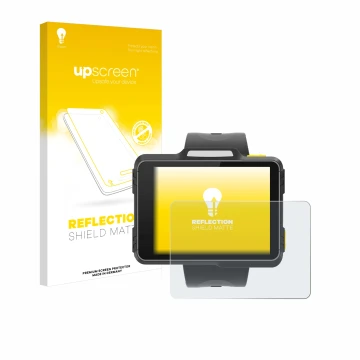 Parte frontal de un envase de producto con el logotipo de la marca upscreen. Al lado se muestra el dispositivo Newland WD1 con