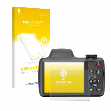 Parte frontal de un envase de producto con el logotipo de la marca upscreen. Al lado se muestra el dispositivo Kodak Pixpro AZ