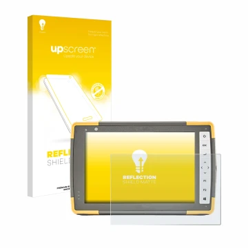 Parte frontal de un envase de producto con el logotipo de la marca upscreen. Al lado se muestra el dispositivo Topcon FC-6000 