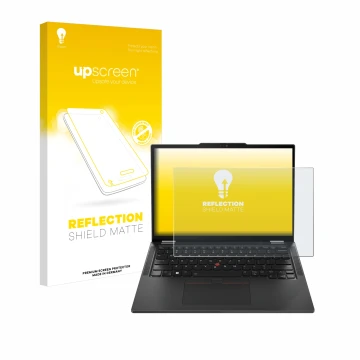 Parte frontal de un envase de producto con el logotipo de la marca upscreen. Al lado se muestra el dispositivo Lenovo ThinkPad