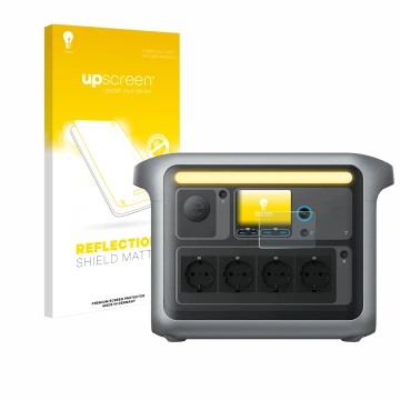 Parte frontal de un envase de producto con el logotipo de la marca upscreen. Al lado se muestra el dispositivo Anker SOLIX C10