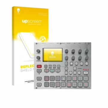 Parte frontal de un envase de producto con el logotipo de la marca upscreen. Al lado se muestra el dispositivo Elektron Syntak