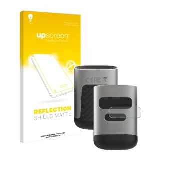 Parte frontal de un envase de producto con el logotipo de la marca upscreen. Al lado se muestra el dispositivo Opticon OPN-600