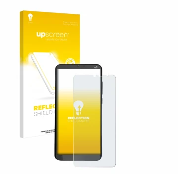 Parte frontal de un envase de producto con el logotipo de la marca upscreen. Al lado se muestra el dispositivo Brondi Amico XL