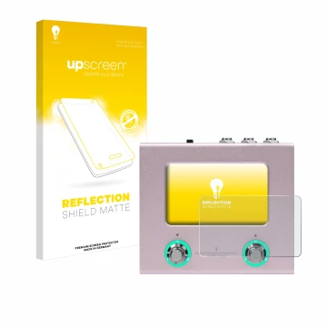 Parte frontal de un envase de producto con el logotipo de la marca upscreen. Al lado se muestra el dispositivo Hotone Ampero M