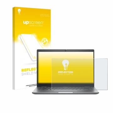 Parte frontal de un envase de producto con el logotipo de la marca upscreen. Al lado se muestra el dispositivo Dell Latitude 5