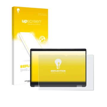 Parte frontal de un envase de producto con el logotipo de la marca upscreen. Al lado se muestra el dispositivo Dell Latitude 5