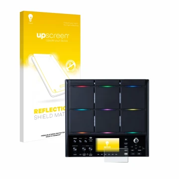 Parte frontal de un envase de producto con el logotipo de la marca upscreen. Al lado se muestra el dispositivo Roland SPD-SX P