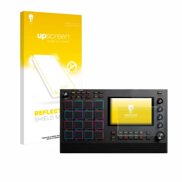 Parte frontal de un envase de producto con el logotipo de la marca upscreen. Al lado se muestra el dispositivo Akai MPC Live I