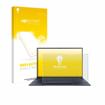 Parte frontal de un envase de producto con el logotipo de la marca upscreen. Al lado se muestra el dispositivo ASUS ExpertBook