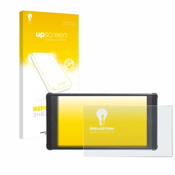 Parte frontal de un envase de producto con el logotipo de la marca upscreen. Al lado se muestra el dispositivo Portkeys PT6 co