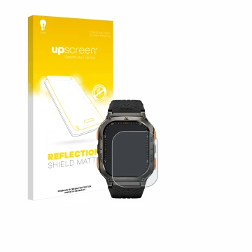 Parte frontal de un envase de producto con el logotipo de la marca upscreen. Al lado se muestra el dispositivo Kospet Tank M3 