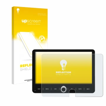 Parte frontal de un envase de producto con el logotipo de la marca upscreen. Al lado se muestra el dispositivo Dynavin D9-T5TP