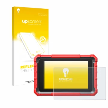 Parte frontal de un envase de producto con el logotipo de la marca upscreen. Al lado se muestra el dispositivo Launch X-431 PR