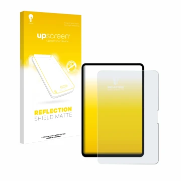 Parte frontal de un envase de producto con el logotipo de la marca upscreen. Al lado se muestra el dispositivo Apple iPad Pro 