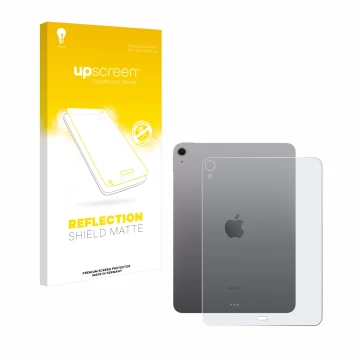 Parte frontal de un envase de producto con el logotipo de la marca upscreen. Al lado se muestra el dispositivo Apple iPad Air 