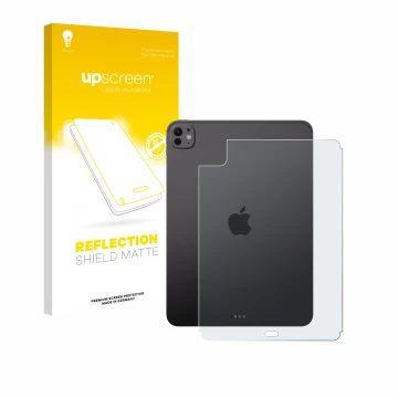 Parte frontal de un envase de producto con el logotipo de la marca upscreen. Al lado se muestra el dispositivo Apple iPad Pro 