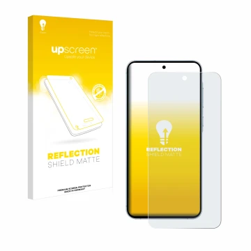 Parte frontal de un envase de producto con el logotipo de la marca upscreen. Al lado se muestra el dispositivo Samsung Galaxy 
