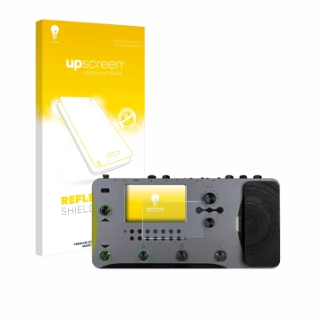 Parte frontal de un envase de producto con el logotipo de la marca upscreen. Al lado se muestra el dispositivo Mooer GE1000 co