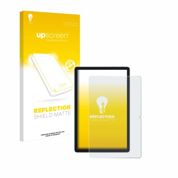 Parte frontal de un envase de producto con el logotipo de la marca upscreen. Al lado se muestra el dispositivo Blackview Tab 8