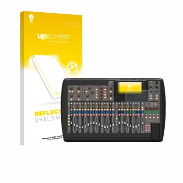 Parte frontal de un envase de producto con el logotipo de la marca upscreen. Al lado se muestra el dispositivo Behringer X32 c
