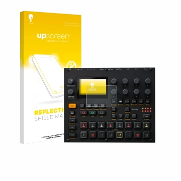 Parte frontal de un envase de producto con el logotipo de la marca upscreen. Al lado se muestra el dispositivo Elektron Digita