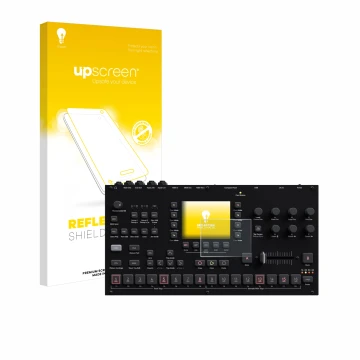 Parte frontal de un envase de producto con el logotipo de la marca upscreen. Al lado se muestra el dispositivo Elektron Octatr