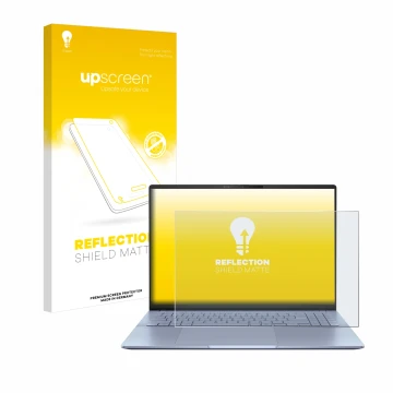 Parte frontal de un envase de producto con el logotipo de la marca upscreen. Al lado se muestra el dispositivo ASUS Vivobook S