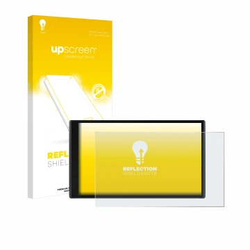 Parte frontal de un envase de producto con el logotipo de la marca upscreen. Al lado se muestra el dispositivo Garmin CamperVa