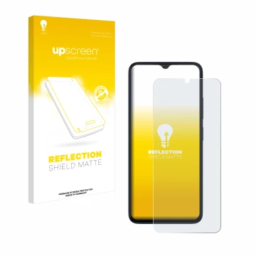 Parte frontal de un envase de producto con el logotipo de la marca upscreen. Al lado se muestra el dispositivo Wiko T20 con su