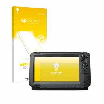 Parte frontal de un envase de producto con el logotipo de la marca upscreen. Al lado se muestra el dispositivo Lowrance HOOK R