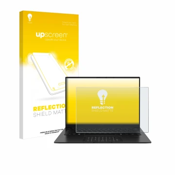 Parte frontal de un envase de producto con el logotipo de la marca upscreen. Al lado se muestra el dispositivo ASUS ZenBook 14